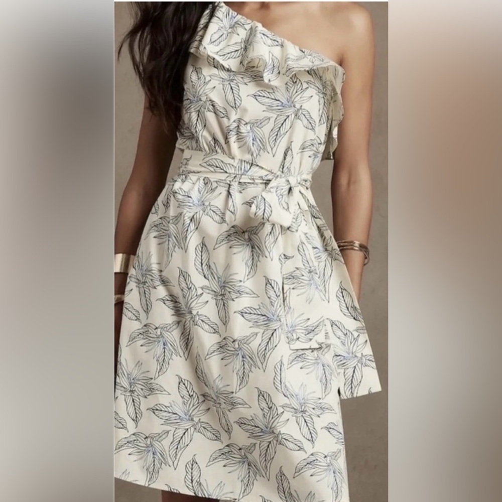 NWT Banana Republic ivory blue print cotton one shoulder raffle dress size XL
